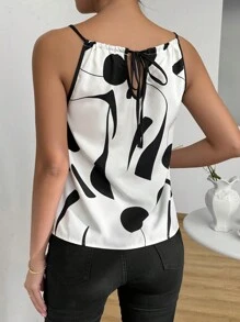 BamGleam 女士白色夏季时尚黑白撞色图案衬衫吊带系带优雅上衣衬衫图案T恤女式上衣 - 杏色 - 查看 2