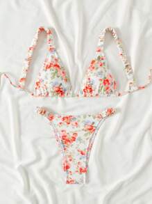 Swim Mod Women's Flower Print Beachwear Triangle Bra And Bikini Set Summer - Multicolor - View 3