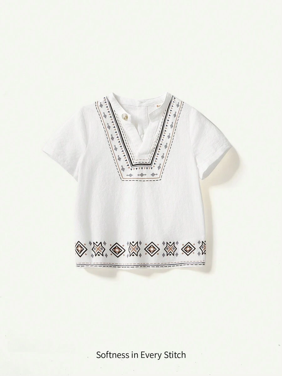 Cozy Pixies Baby Boy Traditional Patterned Short Sleeve Pullover With Stand Collar - White - View 1