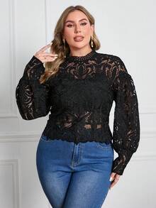 Simplee Áo sơ mi nữ có ren cỡ lớn màu trơn - màu đen - Xem 4