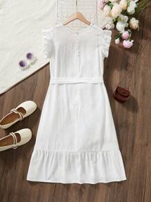 SHEIN Loose Vacation/Leisure Dress For Tween Girl With Exaggerated Ruffled Hemline And Embroidered Chest Flower - Beige - View 2