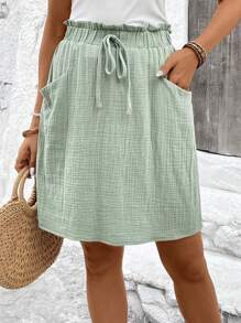 SHEIN LUNE Ladies' Summer Skirt With Frill Trim, Elastic Waistband And Double Pockets