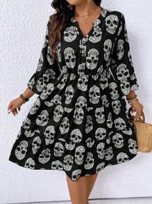 EMERY ROSE Plus Size Skull Printed Notched Neck A-Line Dress With Ruffle Hem For Summer Casual Occasions - Black - View 1