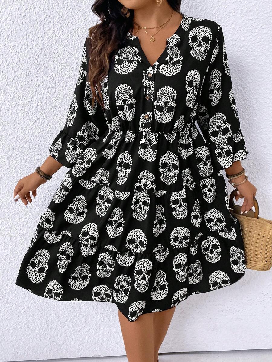 EMERY ROSE Plus Size Skull Printed Notched Neck A-Line Dress With Ruffle Hem For Summer Casual Occasions - Black - View 1