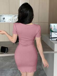 DAZY Women's Summer Casual Solid Color Front Button Bodycon Short Sleeve Dress Sundress,Mini Dress - Pink - View 5