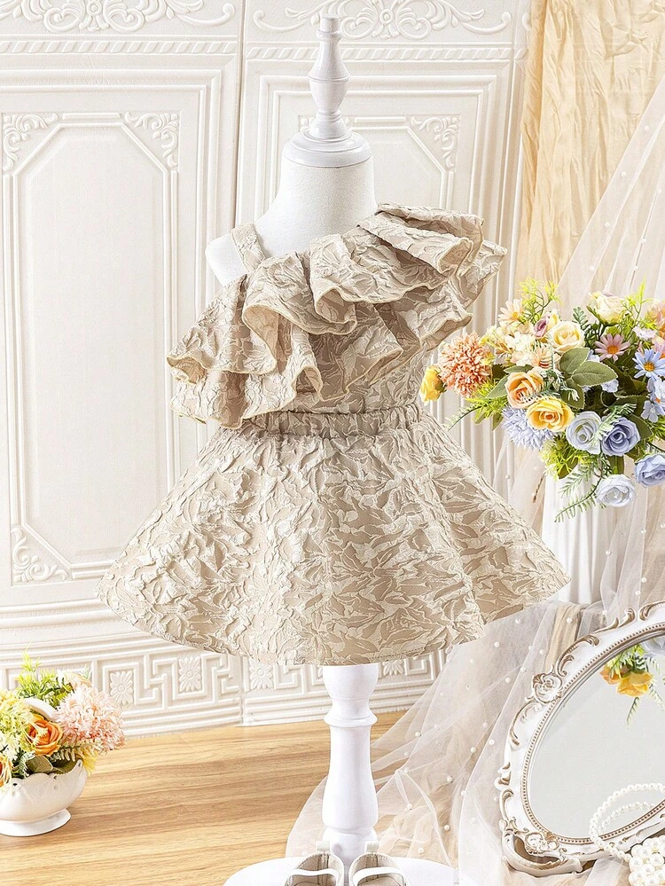 Baby Girl Gorgeous Elegant Textured Layered Ruffle Trim Top And Elastic Waist Skirt Set, Suitable For Summer