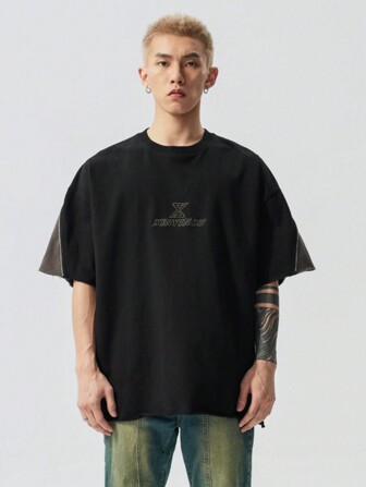 Men's Summer New Factor Letter Printed Short Sleeve Patchwork Sleeve T-Shirt