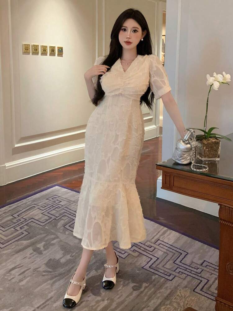 Elegant Solid Color Puff Sleeve Dress For Women, Summer, With Waistline And Fish Tail Design, Birthday Prom Dress,Ruffle,Dress For Wedding Maxi Dress