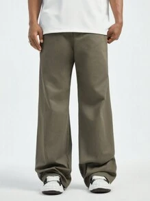 Manfinity VCAY 男裝純色簡約日常長褲 - 軍綠色 - 查看 7