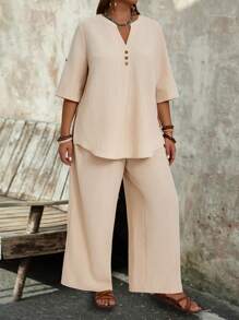 EMERY ROSE 大尺碼女裝時尚純色中袖上衣和長褲套裝 - 杏色 - 查看 5
