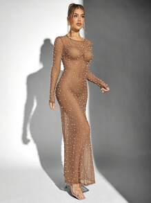 Hauture Sheer Maxi Party Dress With Pearl Embellishments - Khaki - View 4