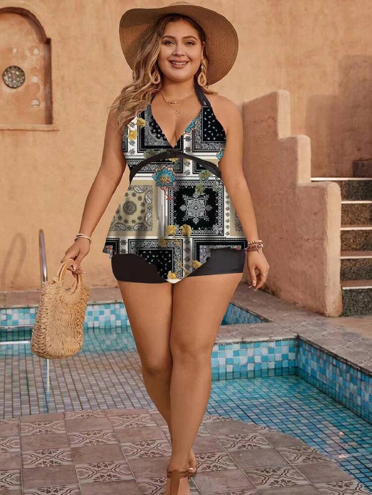 Plus Size Summer Beach Patchwork Printed Halter Top & Solid Color Tankini Set With Flounced Briefs