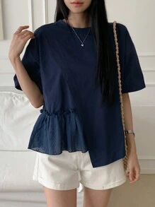 DAZY Camiseta casual de verano para mujer con mangas cortas estampadas y dobladillo de malla en unicolor - Azul Marino - Ver 6