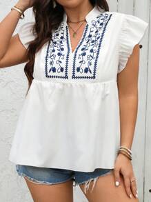 SHEIN Holidaya Áo sơ mi có cổ thêu cỡ lớn có viền xếp nếp cho trang phục thường ngày và kỳ nghỉ - trắng - Xem 5