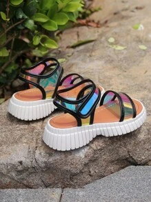 Fashion Girls' Flat Sandals, Fashion Buckle Princess Shoes, With Hook-And-Loop, PU Leather And Glitter Sole, Anti-Slip For Summer - Black - View 2