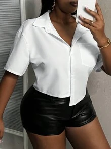 Slaydiva Plus Size Women Streetwear & Partywear White Shirt, Short Sleeve Asymmetrical Hem With Pockets, Spring & Summer - White - View 5
