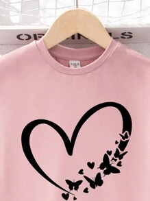 SHEIN 少女 2 件休閒心型粉紅短袖 T 恤和長褲,夏季 - 粉色 - 查看 3