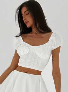 Aloruh Women's Crop Sleeve Square-Necked Puff Sleeve Crop White Shirt For A Romantic Date - White - View 3