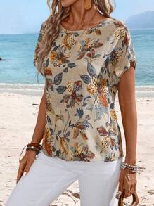 EMERY ROSE Women's Floral Print Batwing Sleeve Casual Vacation Shirt