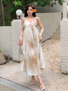 DAZY 女士优雅扎染吊带连衣裙，夏季休闲女式连衣裙，长款连衣裙 - 杏色 - 查看 4