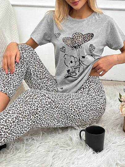 SHEIN 100%Cotton Tall Size 2pcs/Set Women CottonCute Animal Printed Round Neck Short Sleeved Shirt &Long Leopard Pattern Sleep Pants Homewear Comfort Casual Pajama Set For Summer