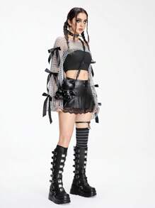 ROMWE Women's Himekaji Dark Goth Bow Decor Cropped Hollow Out Sweater - Grey - View 7