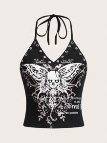 ROMWE PUNK Skull & Butterfly Print Halter Top Enjoy Being The St Individual Break Keep Your Passion - Black - View 5