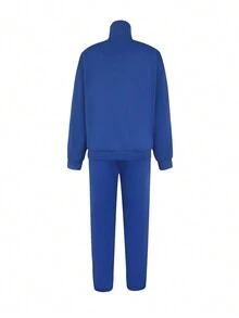 Bộ 3 món Áo nỉ dài tay phong cách đường phố thể thao thu đông cho nữ + Áo vest + Quần cạp chun - Màu xanh lam - Xem 2