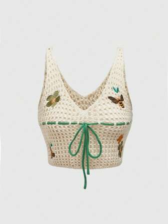 Fairycore Women's Summer Bee Flower Plant Embroidery Sleeveless Hollow Crochet Knit Top