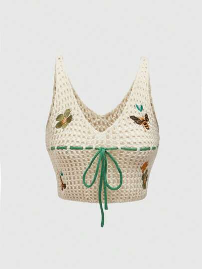 Fairycore Women's Summer Bee Flower Plant Embroidery Sleeveless Hollow Crochet Knit Top