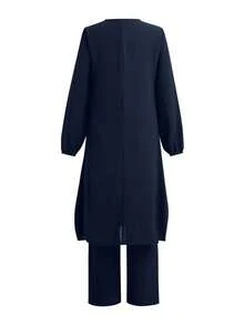 Set de 2 piezas: Vestido de manga farol con botones y cuello redondo, y pantalones de unicolor. Conjunto casual de verano, elegante para la primavera y el Eid - azul real - Ver 2