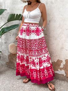 SHEIN VCAY Plus Size Women's  Printed Patchwork Skirt For Vacation And Leisure - Multicolor - View 3