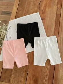 SHEIN ModeFlare Wear Cute Baby Girl Casual Short Bottoms With Bear, Rainbow, And Bow Illustration, 3pcs Set (Pink, White, Black), Suitable For Summer, Daily Wear, And Commuting