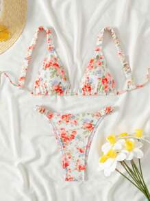 Swim Mod Women's Flower Print Beachwear Triangle Bra And Bikini Set Summer - Multicolor - View 1