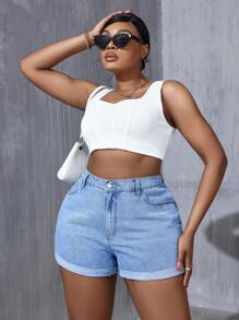 SHEIN SXY Plus Size Women's Cuffed Hem Casual Denim Shorts With Pockets