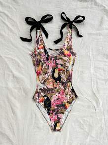 Soleia WYWH Women's Resort Beach Casual Plant & Bird Printed Shoulder Strap Tie-Front Bodysuit