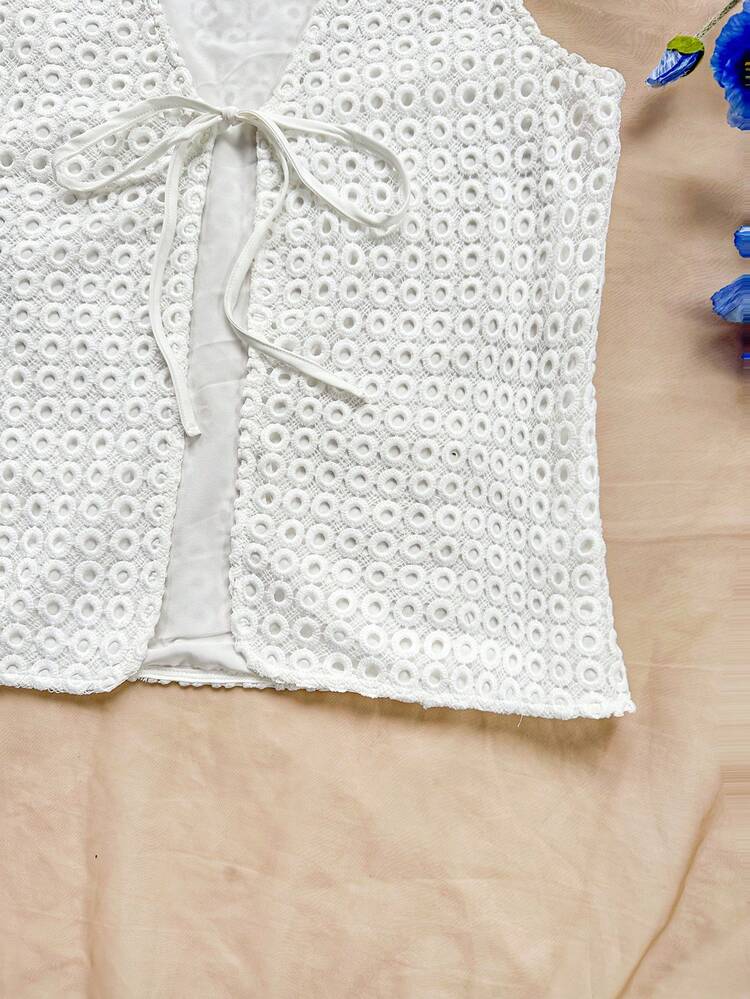 Women's Summer Vacation Beach Casual, Great For Easter, Back-To-School, Graduation, Party, Lunch, Garden Tea; Lovely Sleeveless Vest With Hollow Texture, Water-Soluble Embroidery, Loose Fit In White Color