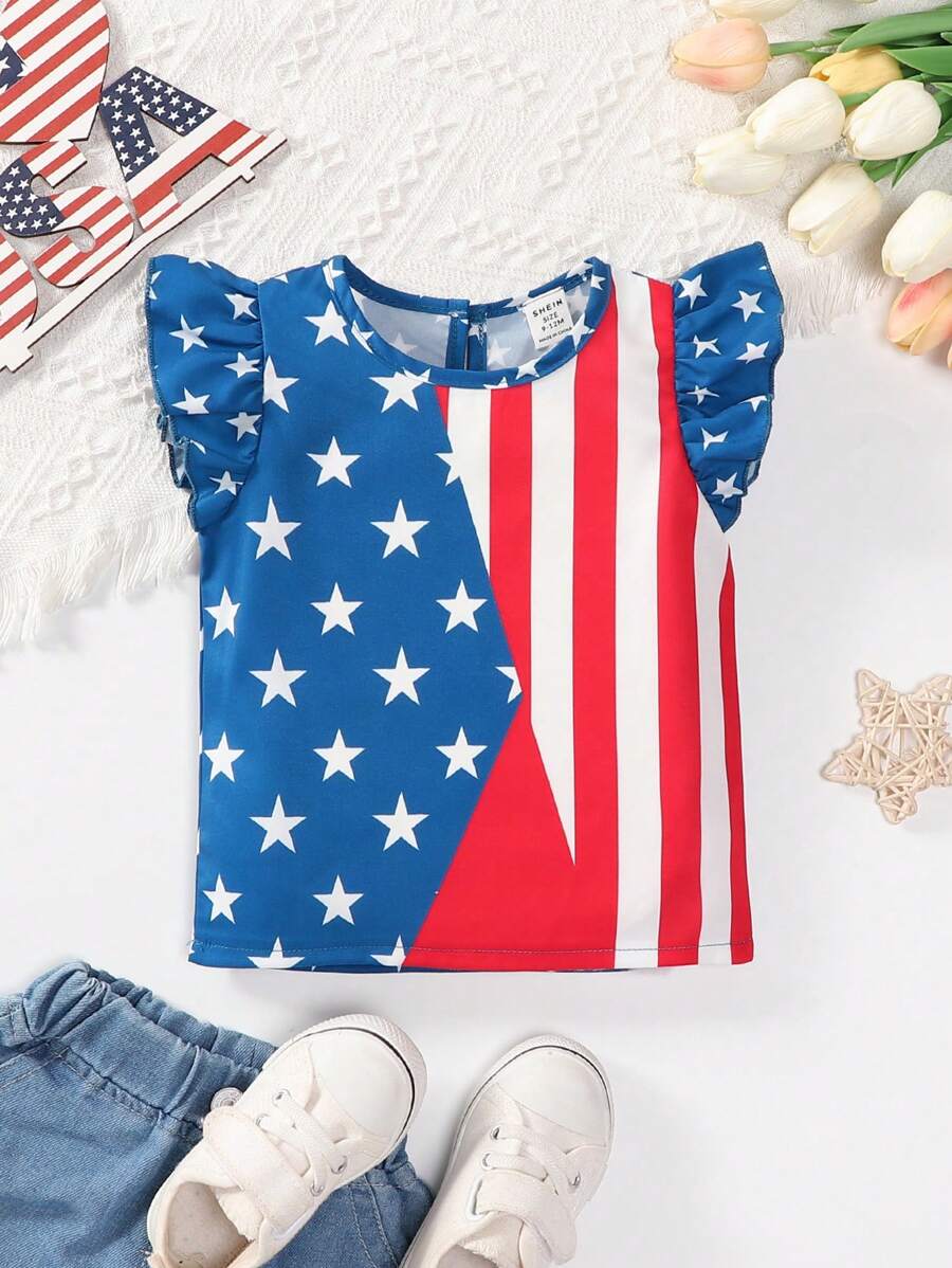 Baby Girl 4th Of July Outfit Star & Striped Printed Round Neck Top With Ruffled Sleeve For Casual Spring Summer - Blue - View 1