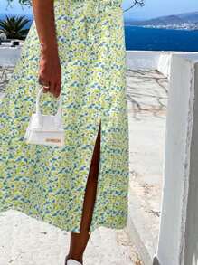 Breezaya 女士碎花荷叶边吊带修身连衣裙，开衩下摆，度假完美之选 - 彩色 - 查看 3