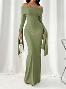 Firerie Women Off-Shoulder Bodycon Dress With Collar, Long - Green - View 1