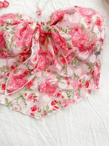 Soleia Women's Vacation Lace Tie-Front Floral Print Asymmetrical Hem Bandeau Top,Ladies Slim Fit Multicolor Women Tops,Spring/Summer,Casual Daily Wear - Multicolor - View 5