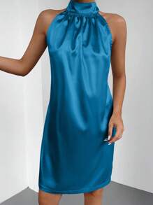 RueChic Solid Halter Neck Tie Back Dress - Blue - View 6