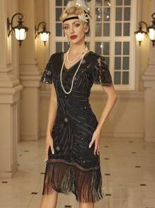 1 Stück Elegantes Damen Vintage Stil Kleid mit Quasten-Dekor, langes Formelles Kleid für Cocktail, Halb-Formell, Abschlussball, Hochzeitsgast, geeignet für Geburtstag, Abschluss, Dinner, Heimkehrfeier