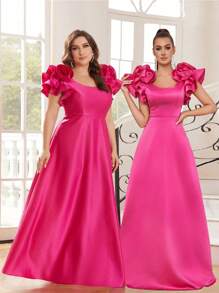 SHEIN Belle 优雅时尚的玫瑰红缎面 3D 花朵装饰方形领口 A 字形复古公主毕业正式优雅晚礼服舞会婚礼宾客礼服，适合晚宴 - 玫紅色 - 查看 8