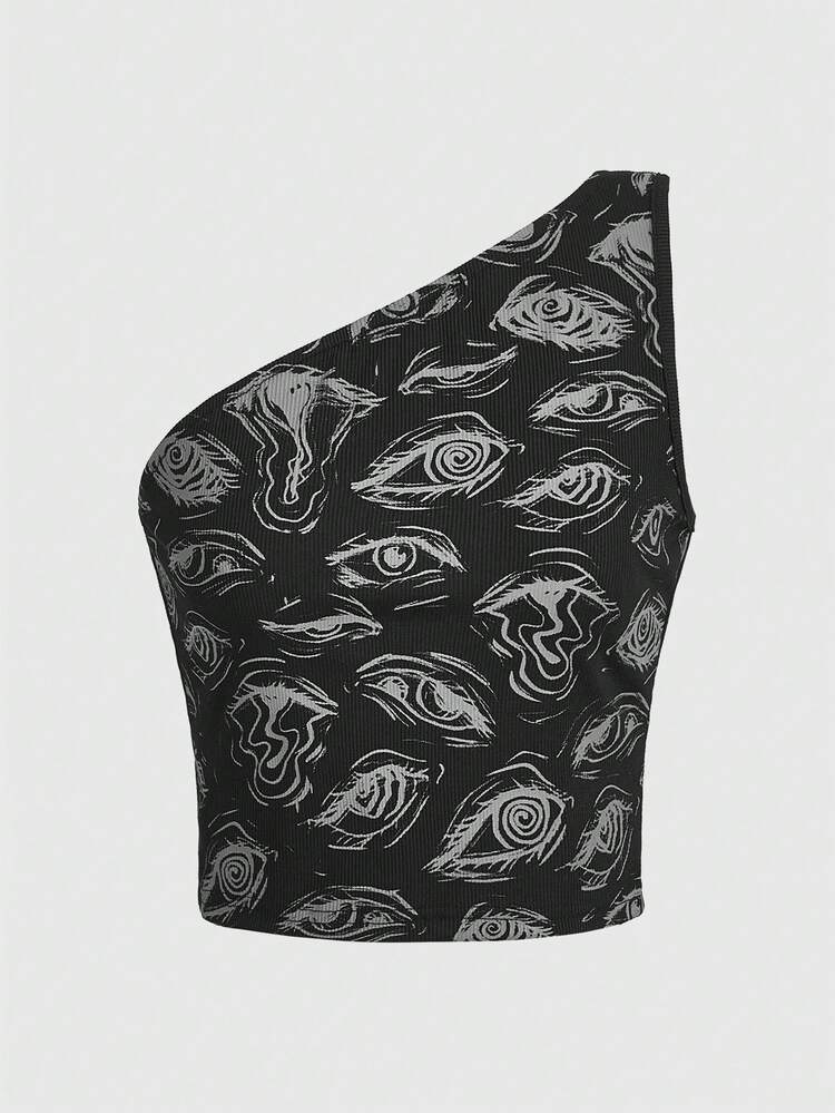 Women's Fashionable Eye Print One Shoulder Sleeveless Top For Summer