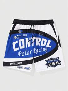 ROMWE MEN Street Life Quần short đua cạp rút màu tương phản thường ngày cho nam có in chữ, thích hợp mặc hàng ngày vào mùa hè, đi học - Nhiều màu - Xem 1