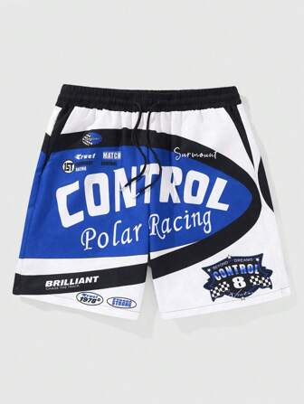 Street Life Men's Casual Contrast Color Drawstring Waist Racing Shorts With Letter Print, Suitable For Daily Wear In Summer, School