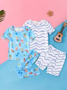 Young Boy Short Set And Pants Set, Snug Fit, For Home Wear - Multicolor - View 1
