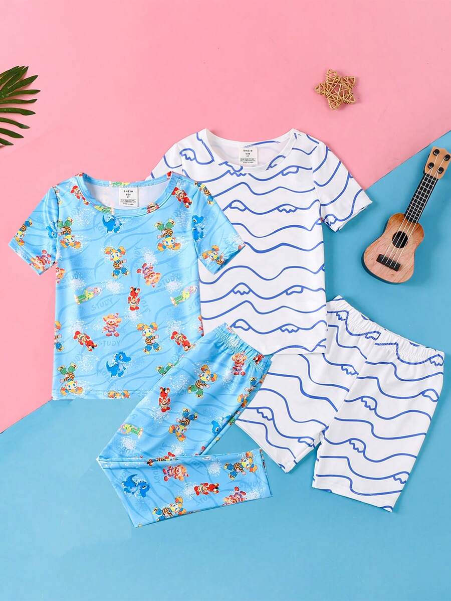 Young Boy Short Set And Pants Set, Snug Fit, For Home Wear - Multicolor - View 1