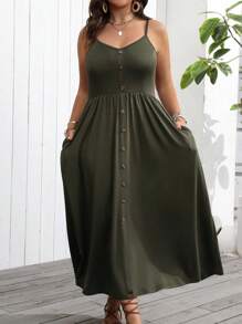 Breezaya 大码女式简约纯色细肩带连衣裙，超长女装 - 綠色 - 查看 4